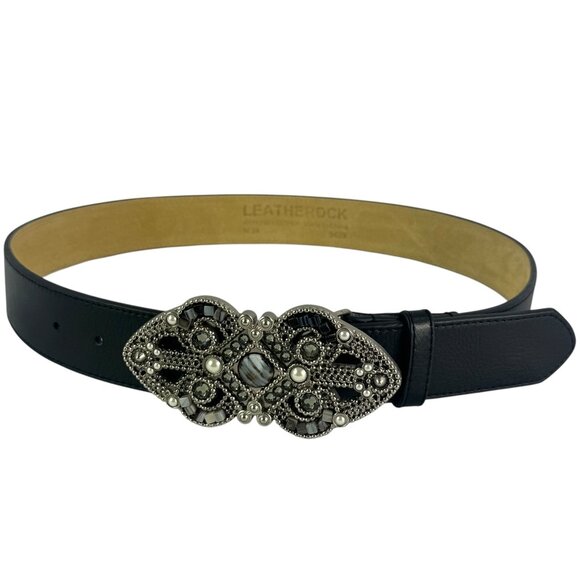 LEATHEROCK Black Leather With Vintage Embellished Buckle Women\'s Belt \